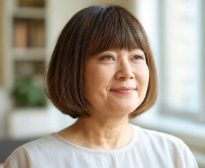 coupe cheveux mi long dégradé effilé avec frange 60 ans​