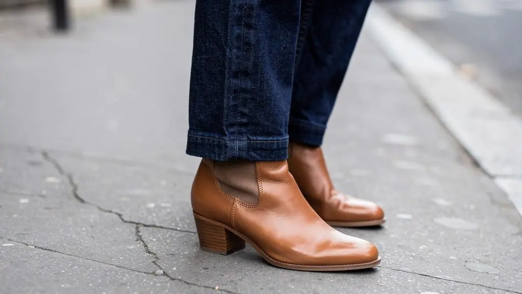 Bas de jambes d'une femme portant un jean brut légèrement raccourci à la cheville et des bottines à petit talon en cuir cognac