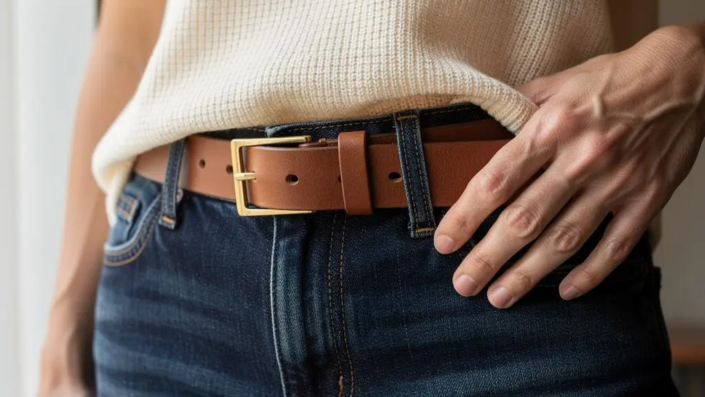 Gros plan sur la taille d'une femme montrant une ceinture fine en cuir positionnée sur un jean taille haute