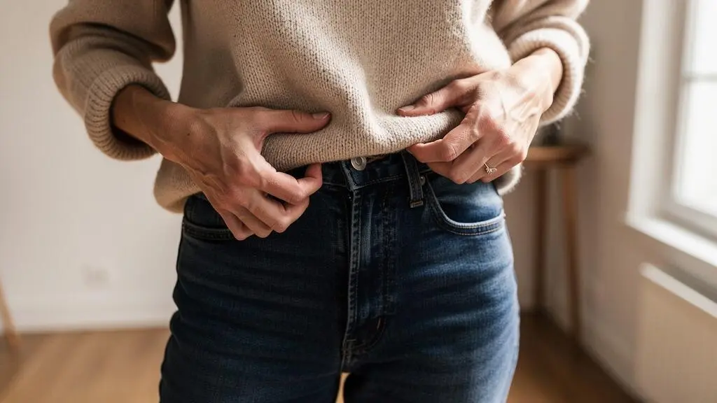 Mains d'une femme effectuant le geste du demi-rentré en glissant l'avant d'un pull en maille dans un jean taille haute